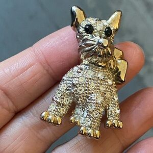 Vintage Silver Tone w/Gold Tone + Rhinestones Schnauzer Scottish Terrier Brooch